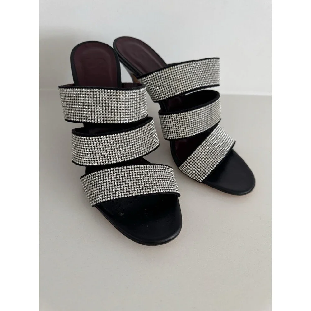 Staud Sonny Rhinestone Sandals Black Multi Strap Slides Heels Sz 36 / 6US